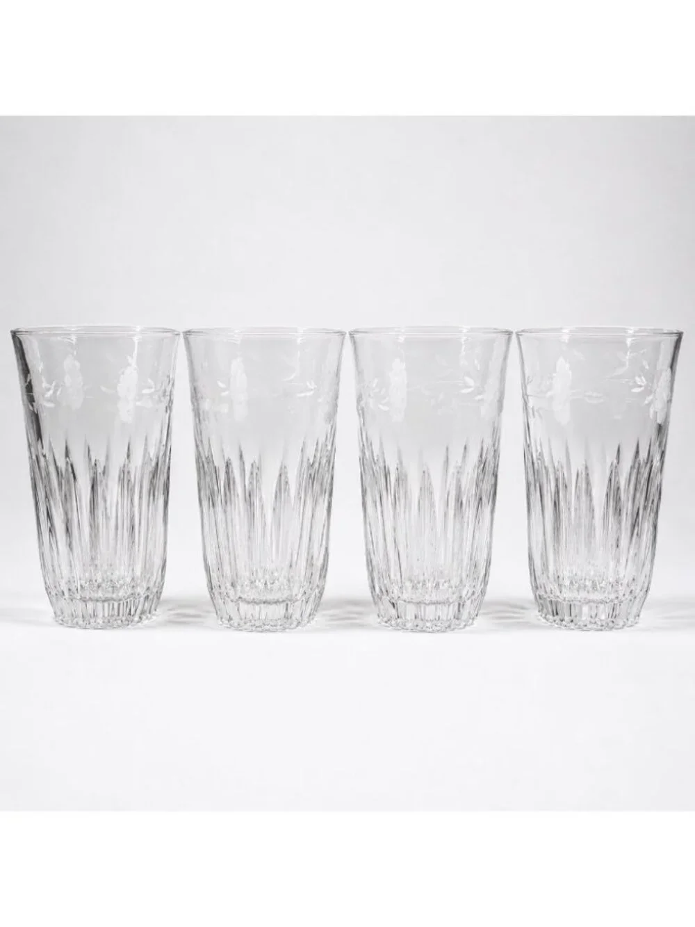 Princess House Heritage 12oz Flat Tumbler Clear Floral Cut Etched Glass Set of 4